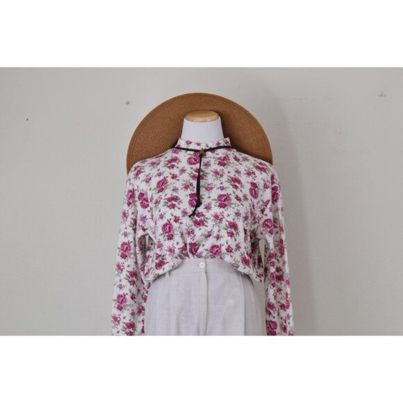 Vintage 90s Floral‎ Turtle Neck Cotton shirt | size M - Picture 9 of 10